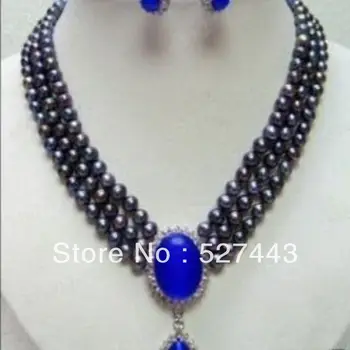 

Wholesale free shipping >>Rare black 6-7mm pearl necklace stone pendant earring