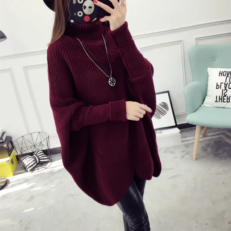 

Sweater Women Pullover Knitted 2018 Autumn Winter Sweater Fashion Elegant Casual Loose Medium-long Batwing Turtleneck Coat Women