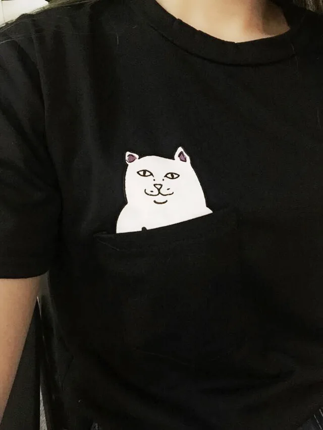 Женская короткая футболка с карманом на средний палец и принтом кота размера плюс, летняя футболка, недорогая женская футболка в стиле панк