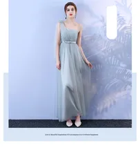 Grey Bridesmaid Dress Long Style One-shoulder Mesh Dress Banquet Wedding Party Back of Bandage grey one shoulder long sleeves midi dress