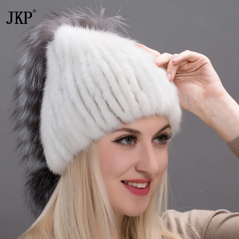 

real mink fur cap with natural fox fur silver stripes warm winter fur Women hats with lining 4 colors DHY17-10
