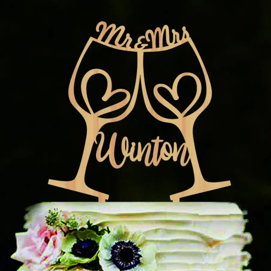 Wine glasses wedding cake topper, Cheers cake topper, Mr & Mrs wedding