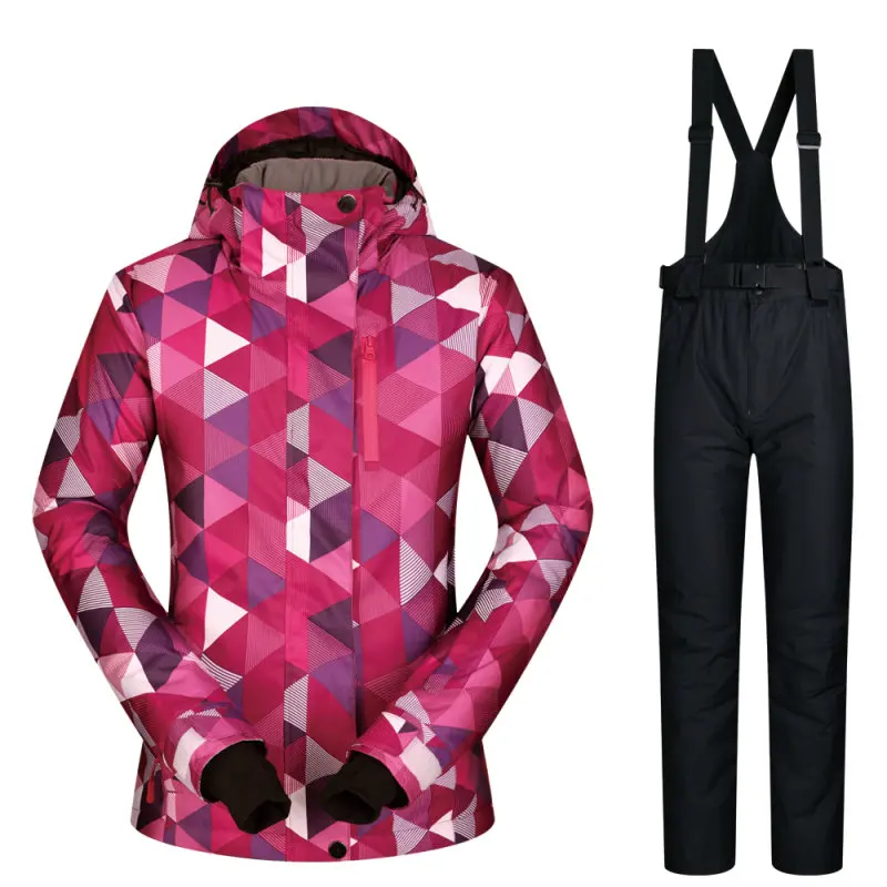 Лыжный костюм женский комплект ветрозащитная Водонепроницаемая теплая одежда куртка лыжные штаны, снежные костюмы зимние лыжные и сноубордические костюмы бренды - Цвет: HSJ And Black