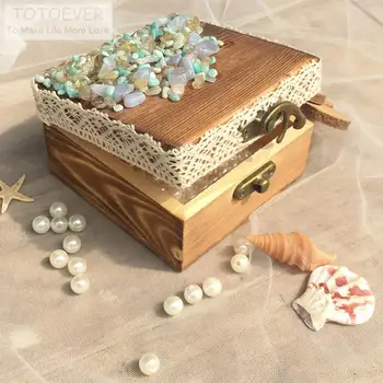 

Beach Wedding Natural Stone with Lace Shell Pear Retro Rustic Wedding Ring Bearer Box Wood Wedding Ring Box