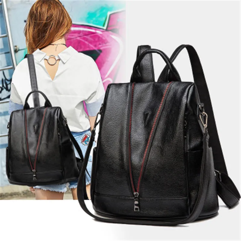 

CHALLEN high quality female shoulder bag 2018 new soft leather travel bag color zipper large capacity fashion casual backpack