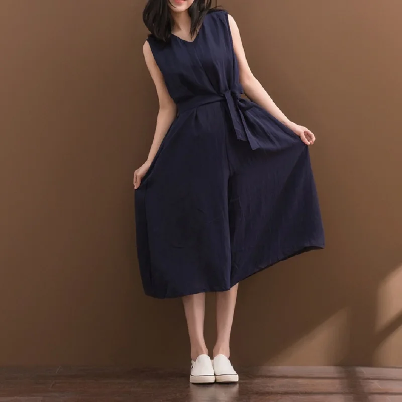 

Mori Girl Summer Women Overalls Sleeveless V Neck Wide Leg Female Pants Casual Loose Cotton Linen Navy Blue Jumpsuits Rompers