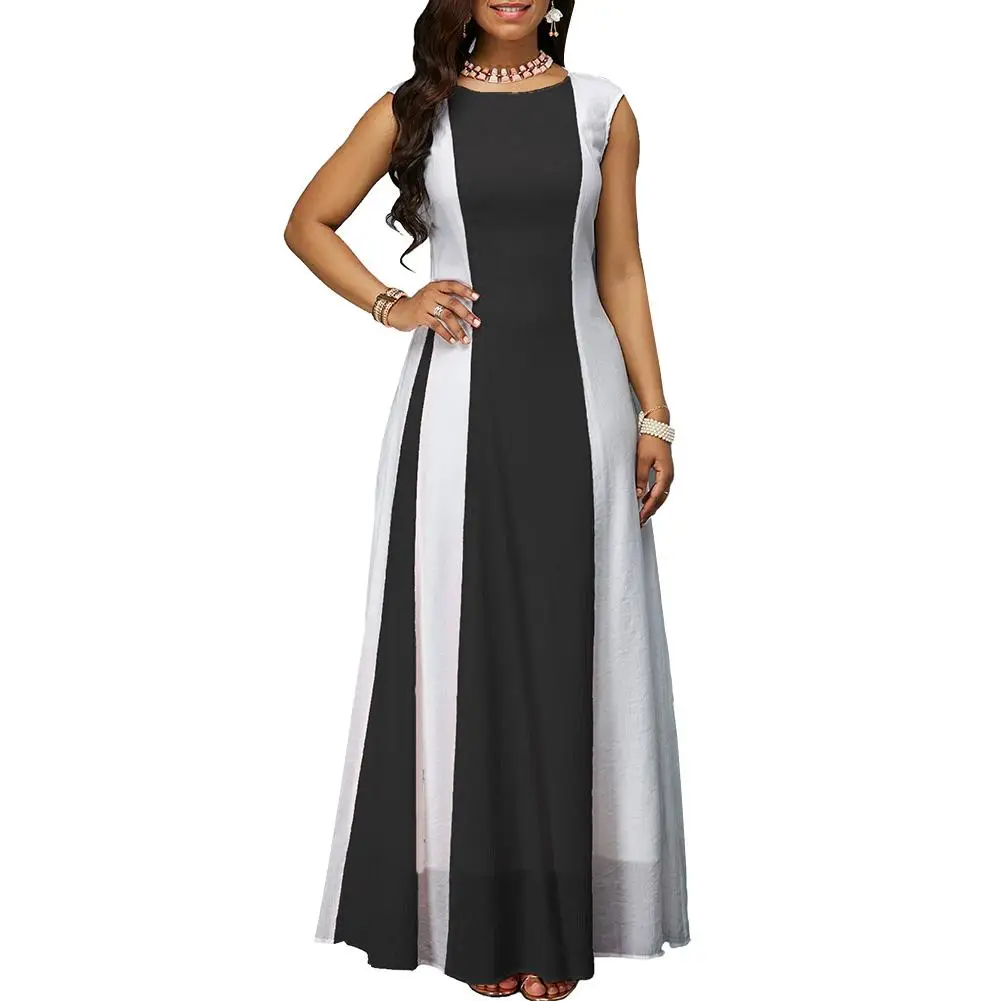 

2019 New Fashion Plus Size Party Women Color Block Zipper Back Round Neck Sleeveless Maxi Dress