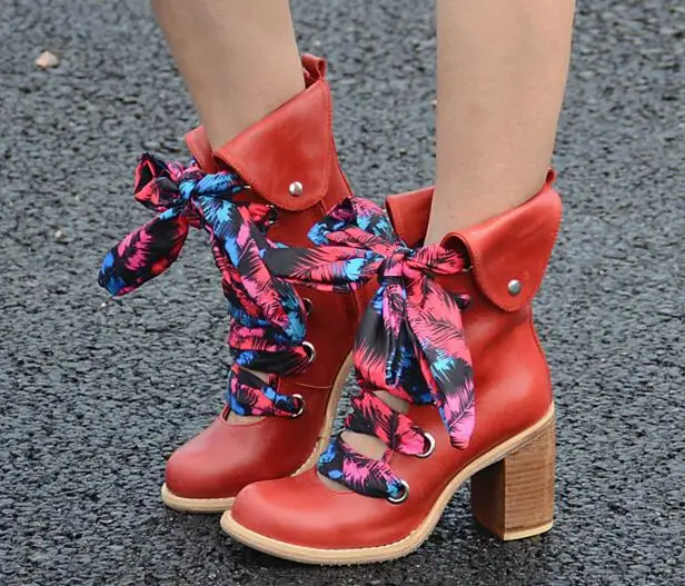 Colorful ribbons lace up leather boots British style cut-outs thick high heels martin boots high top woman ankle boots 3 colors