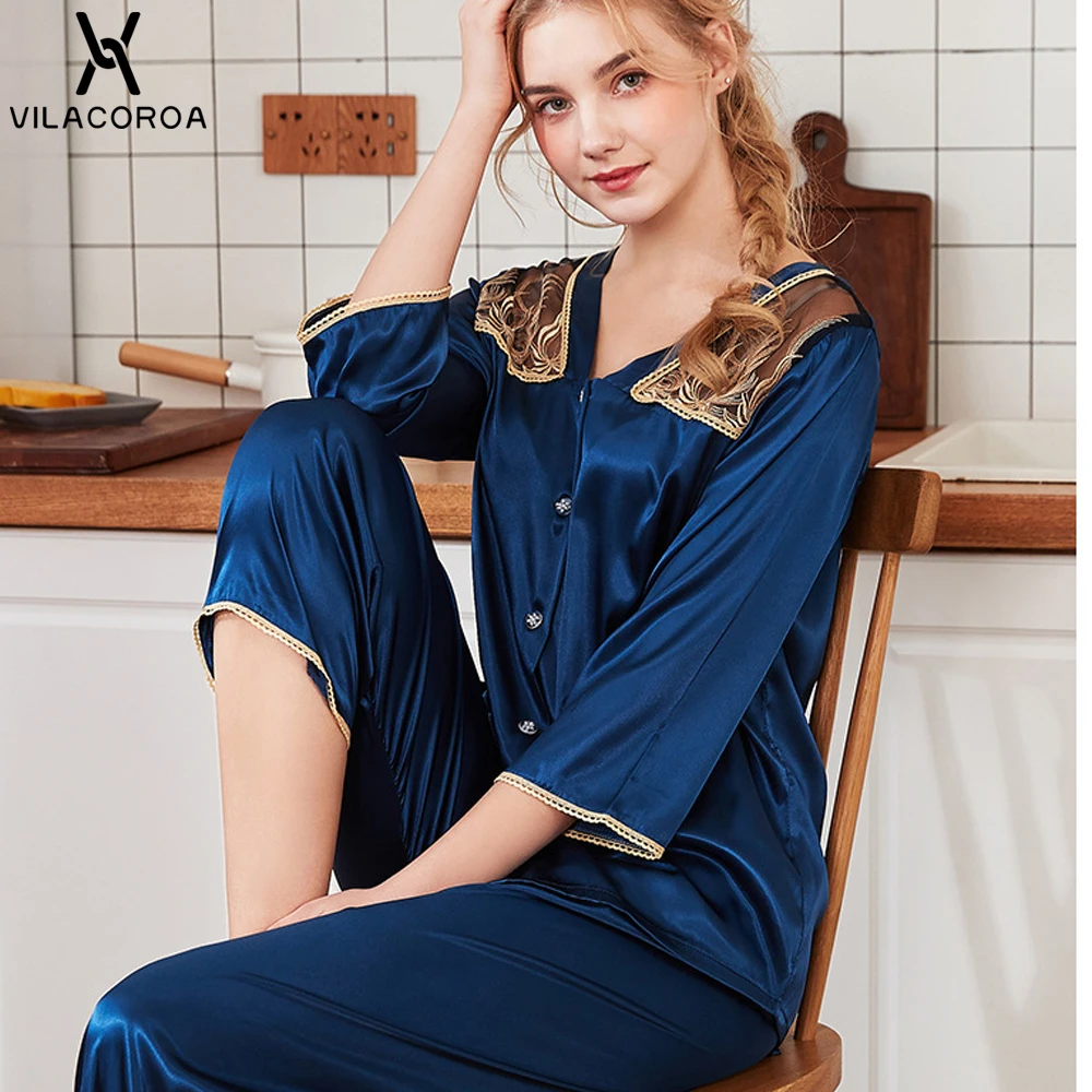 

Simulation Silk Stitching V-Neck Button Pajamas For Women Seven-Quarter Sleeve Top + Pant 2 Piece Set Pajama Set pyjama femme