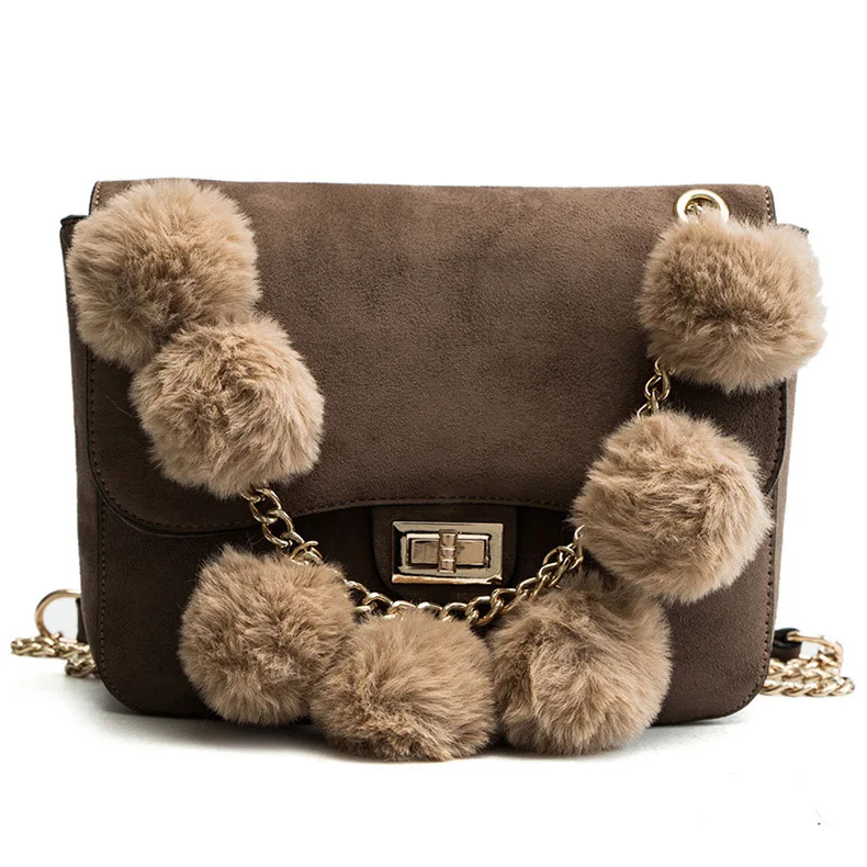 

2018 women's high quality Pompom flap shoulder bags luxury Chic brand square striped bag chain Turn fur leather handbags 82396