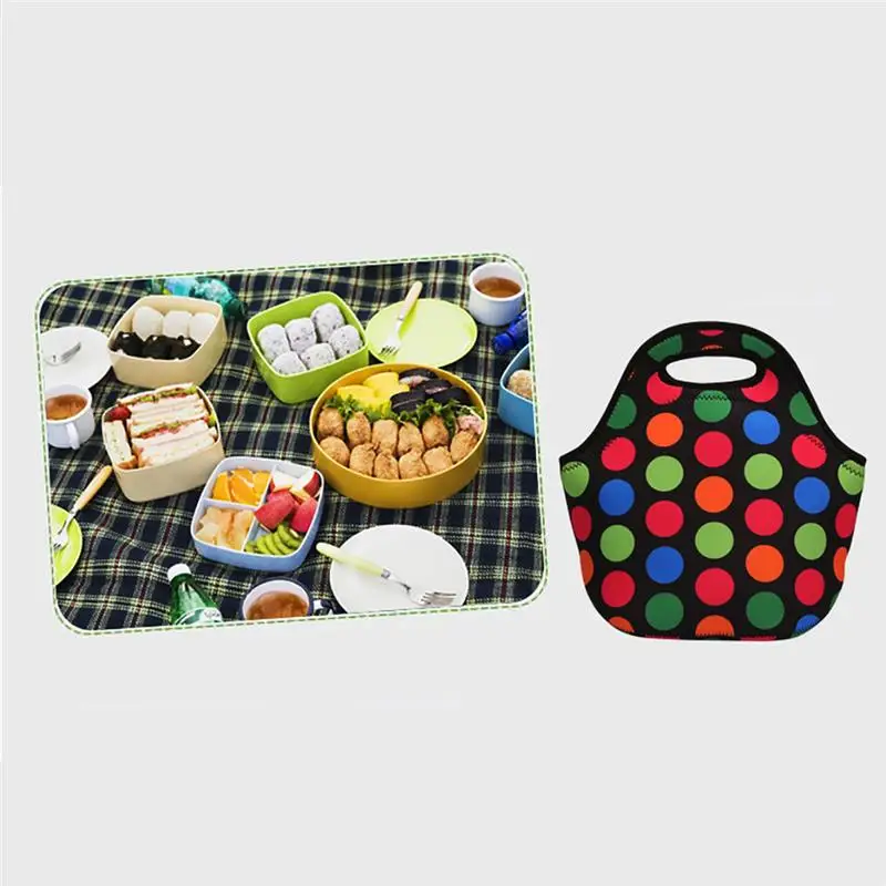 Симпатичные неопреновые термоизолированные сумки для обеда для взрослых, сумка-холодильник в разноцветный горошек для обеда, сумка-тоут для детей, сумка для обеда