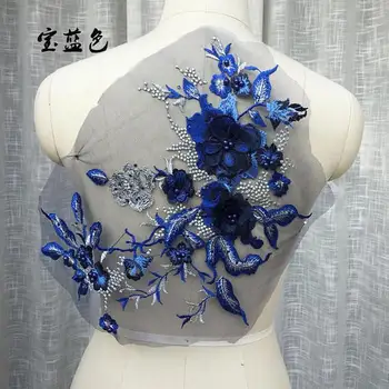 

Royal blue bead lace applique, 3D flower lace applique with rhinestones,3d floral bridal children's clothes accessories 1 Piece