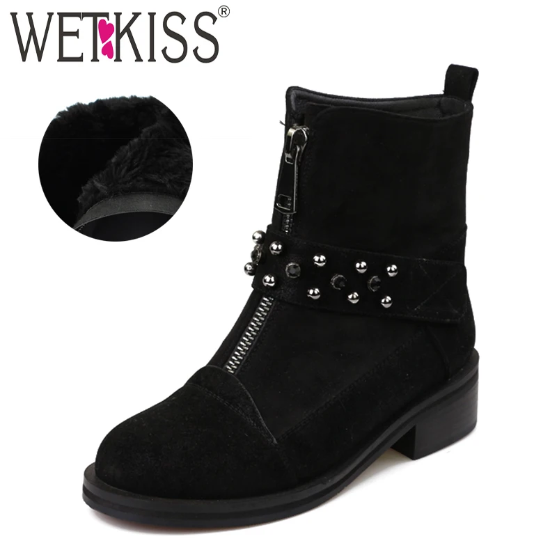 

WETKISS Motorcycle Women Ankle Boots Flock Zip Footwear Plush Female Booties Thick Heels Rivet Platform Shoes Woman Winter 2018