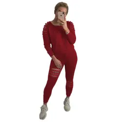 Жемчуг Бисер спортивный костюм комплект из двух предметов Для женщин свитер с длинными рукавами топы и брюки Повседневное отверстие