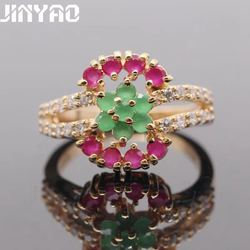 

JINYAO Flower Green&Red Zircon Gold Color Finger Ring For Women Charming Fashion Wedding Party Jewelry k03-2