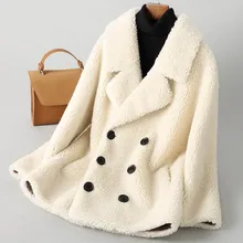 Натуральное овечья кожа бежевое короткое пальто осень зима дамы корейское шерстяное пальто из кашемира однобортное пальто A097