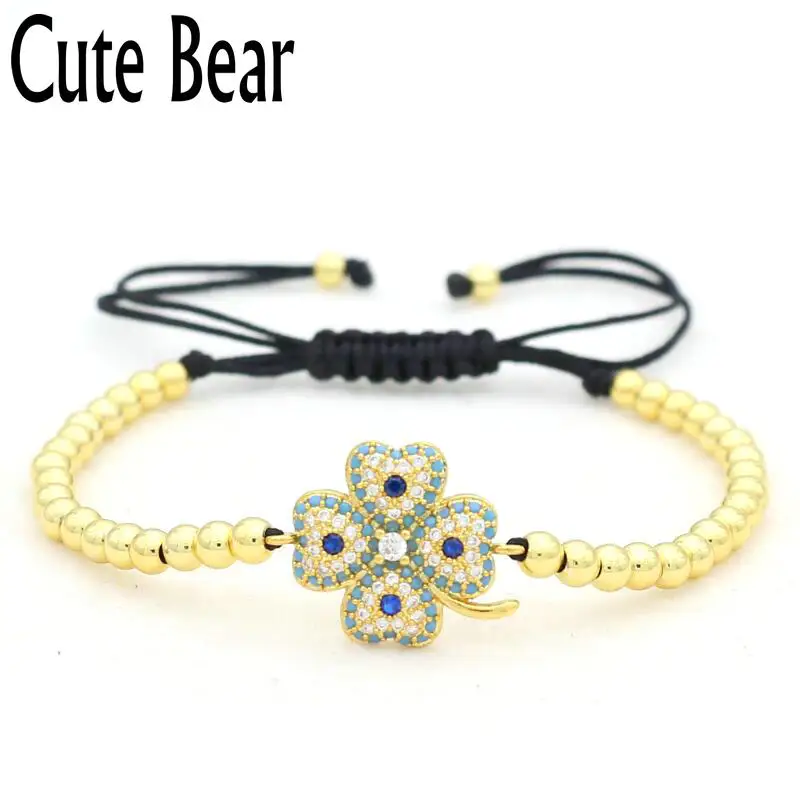 Cute Bear Brand Women Bracelet Micro Pave Setting CZ Lucky Grass Charm Bracelets 4mm Copper Beads Adjustable Macrame Bracelet