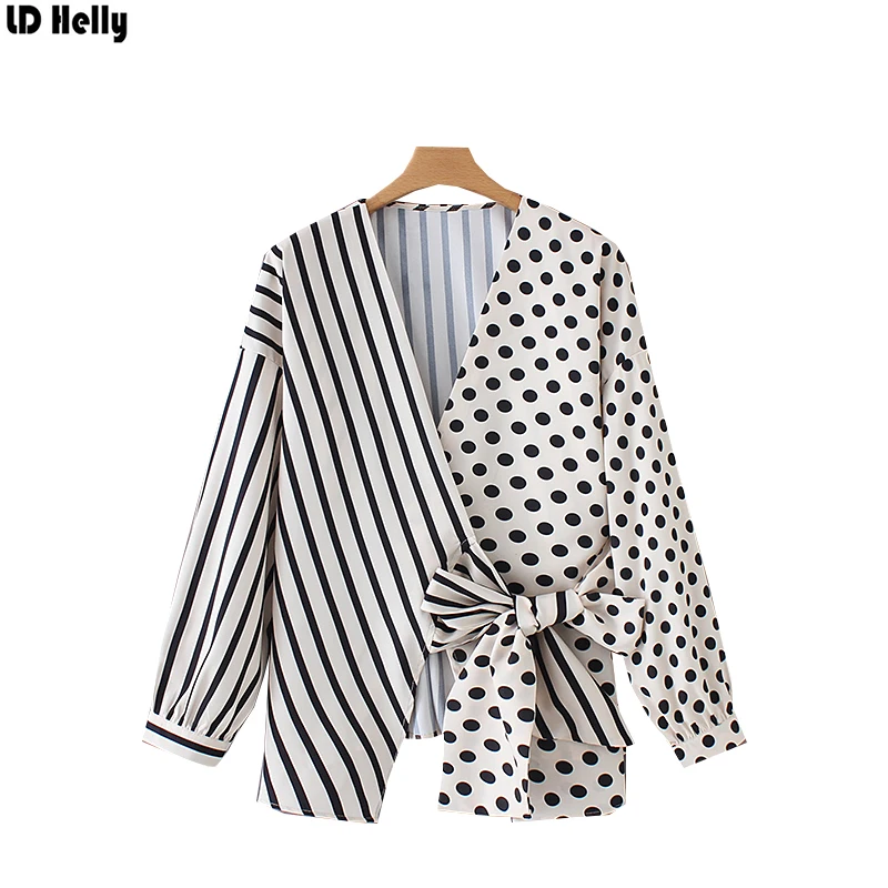 

LD Helly Women Polka Dot Striped Print Spliced Blouse Tops Bow Design Irregular V-Neck Long Sleeve Woman Shirt Female Blusas