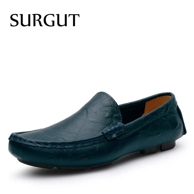 SURGUT/лоферы; Мужская обувь; дышащая удобная обувь из натуральной кожи на плоской подошве; сезон весна-лето; модная повседневная обувь для мужчин; размера плюс 35-50 - Цвет: Blue