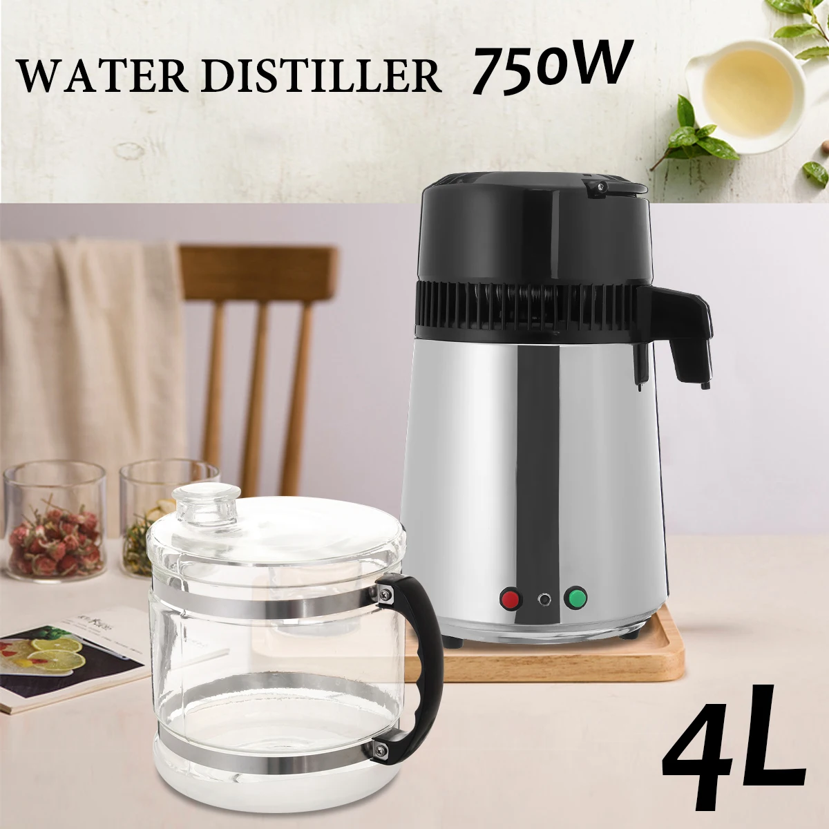 4L 750W Electric Pure Water Distiller Filter Stainless Steel Internal External Water Distillation Purifier Glass Jar Machine