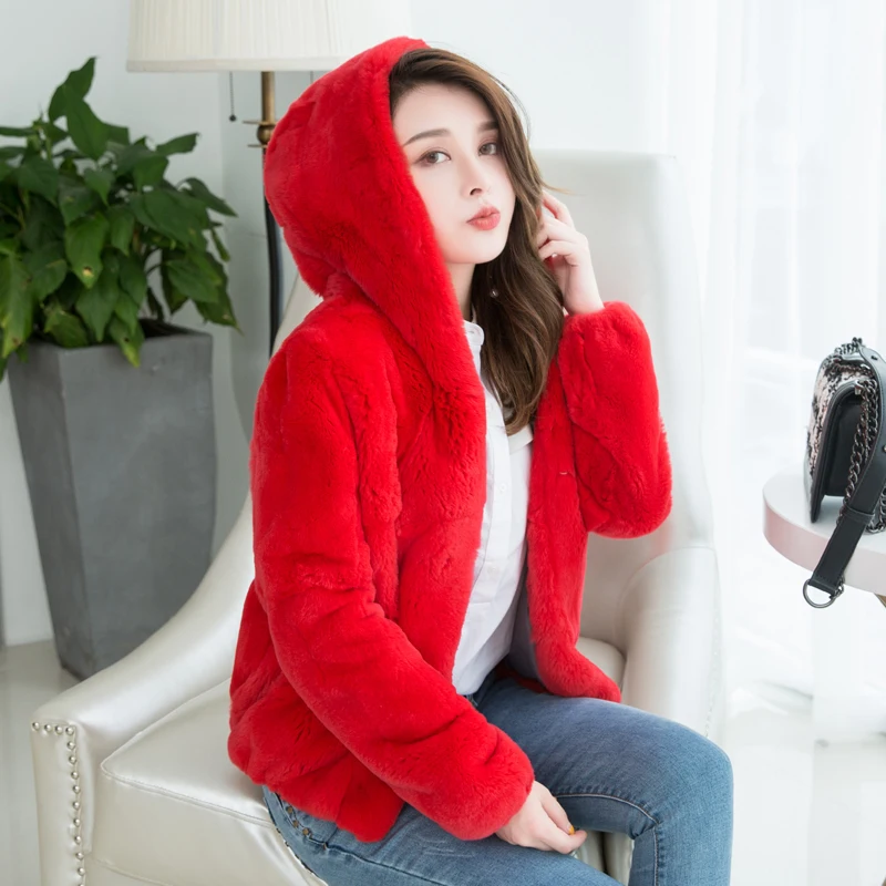 2018 Autumn winter natural rex rabbit fur coats outerwear women long sleeved real fur jackets woman short warm coat with hood