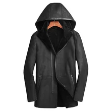 Гарантированная овчина натуральный мех пальто для мужчин с капюшоном зимняя натуральная овчина меховая одежда средняя Длинная кожаная натуральная верхняя одежда