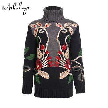 

Makuluya Women Autumn Winter Warm Vintage Folk Style Flowers Embroidery flower Long Sleeve Loose Turtleneck Sweater Female QW