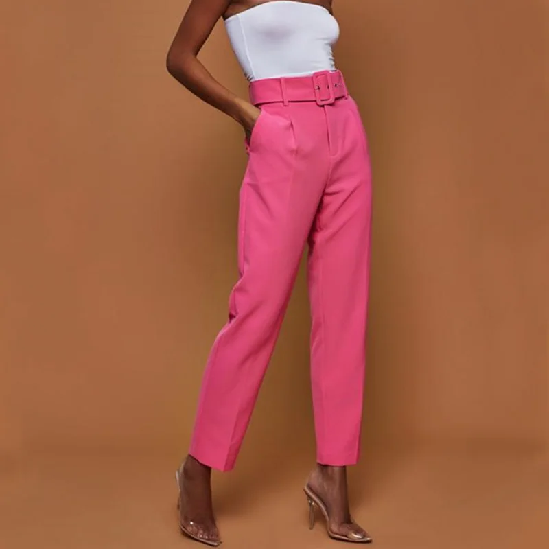 Новые весенние повседневные брюки длиной до щиколотки с высокой талией осенние однотонные прямые брюки с поясом офисные женские брюки - Цвет: Rose red