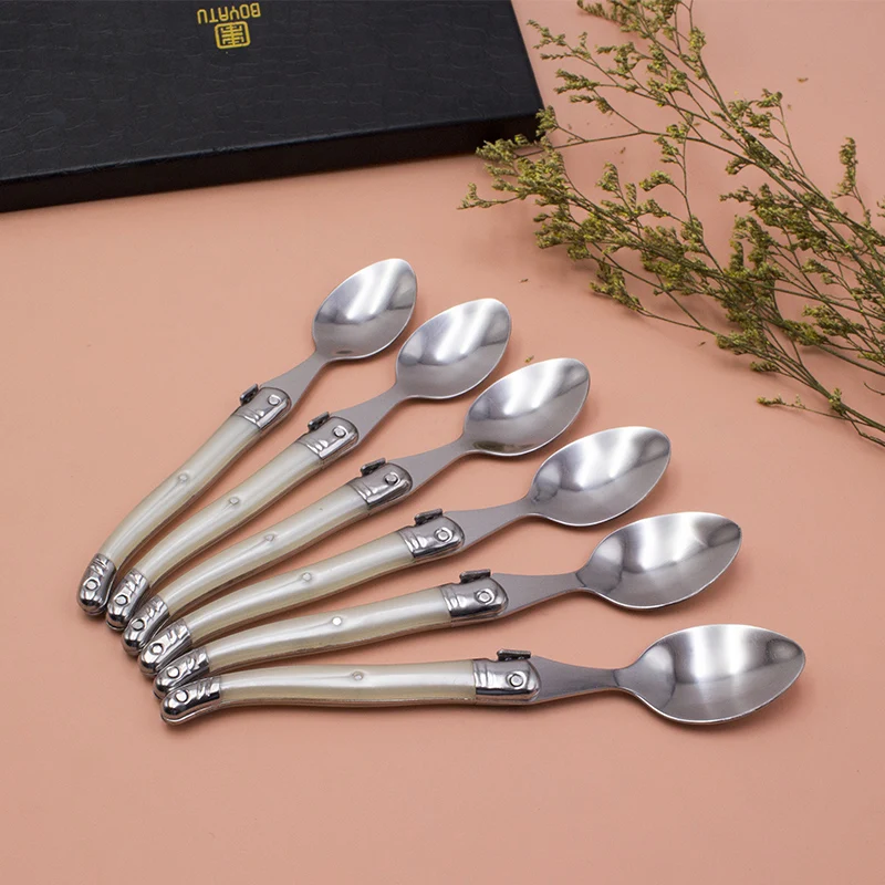 

France 6pcs High quality laguiole stainless steel dinnerware/cutlery set Small Scoop Set tableware with Creamy White Handle