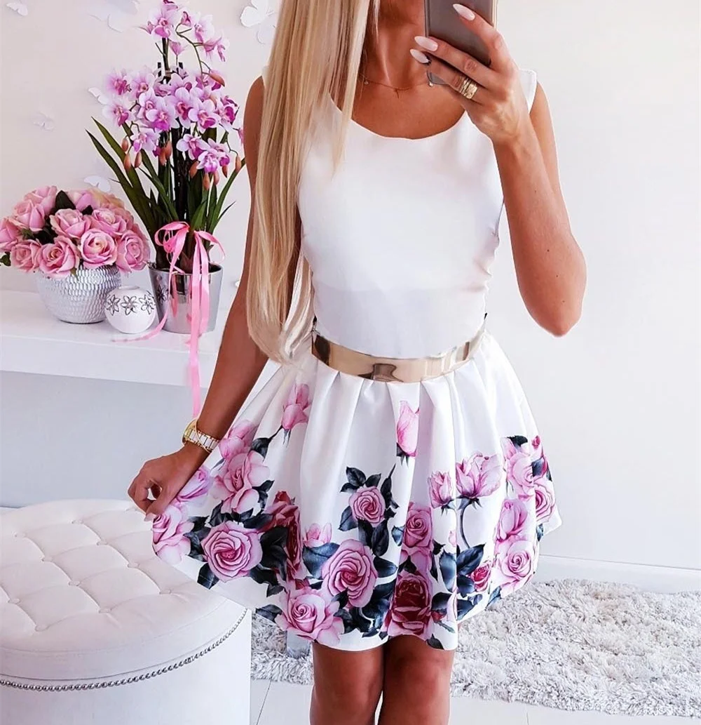 2019 летнее женское платье без рукавов с тонкой талией сексуальное принтом розы