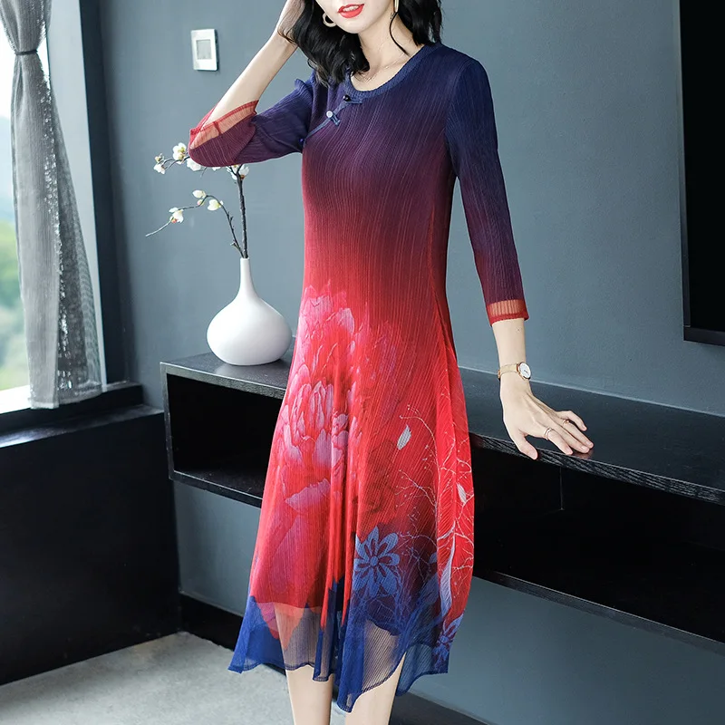 Del Il Pulsante Maniche Pieghe red Stampato Di Più Miyake Dell'annata Blue Vestito Per Peso Delle 3 Black Autunno 4575 Donne Formato Kg 4 navy Metà Polpaccio Le OTwiuPlkXZ