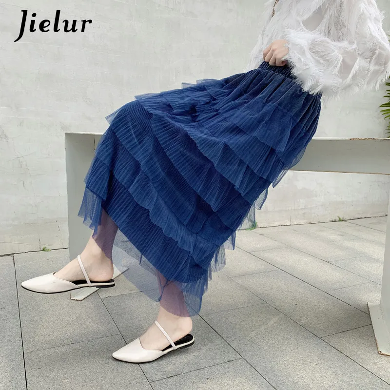 Синий Jielur сетчатая юбка в складку для женщин чистый цвет Boho Стиль Высокая талия высокая улица Saia Midi Jupe Femme Юбка Faldas Mujer Moda - Цвет: Синий