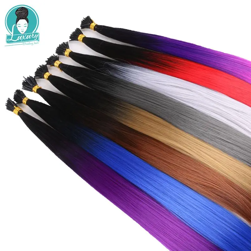 I Tip Feather Synthetic Pre Bonded Hair Extensions Luxury for Braiding 22" 1grams/strand 50strands/pack Ombre Grey Purple Color