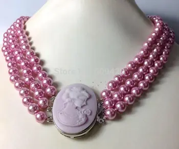 

Wholesale Noble 8mm purple freshwater pearl shell three rows necklace 17''-19''