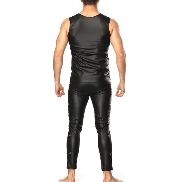 Мужские комплекты из искусственной кожи с майкой и штанами, Сексуальные облегающие Клубные вечерние комплекты одежды для выступлений на сцене, модные черные однотонные комплекты одежды в стиле панк