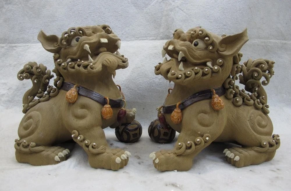 

9 Chinese Pottery WuCai porcelain Feng Shui Evil Door Guard Fu Foo Dog Lion Pair