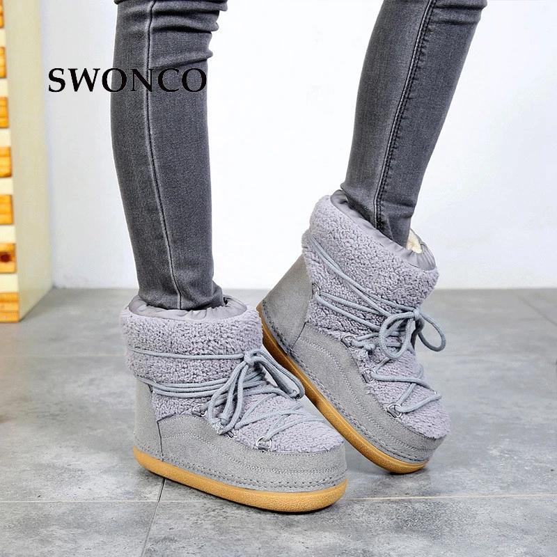 

SWONCO Women's Ankle Boots Fashion Lace Up Fur Wool Warm Snow Boot Leather Women Boots Winter Warm Shoes Woman Shoes Boot