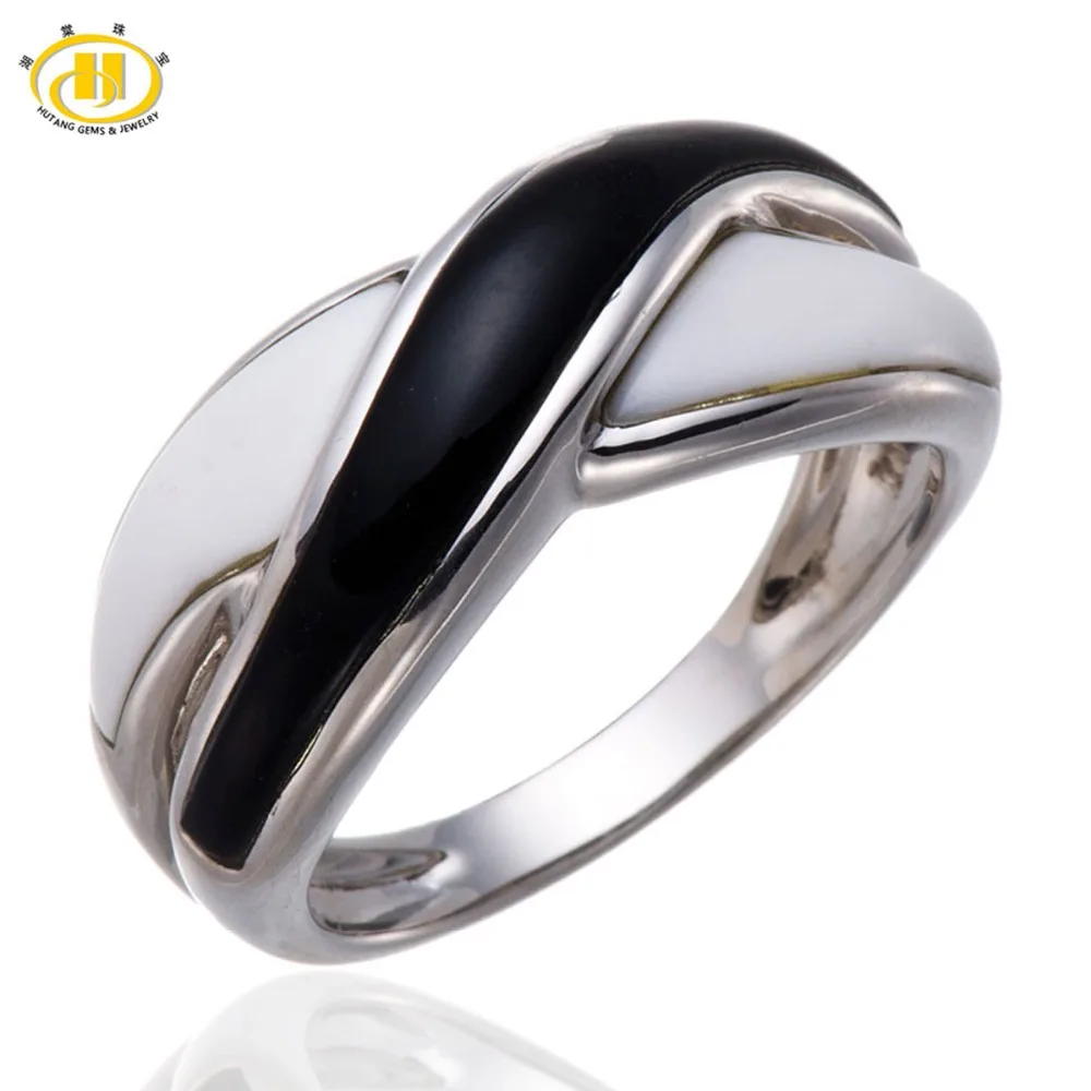 

Hutang Stone Jewelry Black & White Onyx Solid 925 Sterling Silver Crosss Ring for Women Fine Gemstone Jewelry Fashion Style