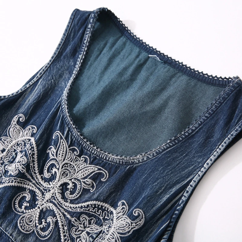 Джинсовое платье с цветочной вышивкой женское подиумное джинсовое платье без рукавов Королевского синего цвета милое короткое джинсовое платье с круглым вырезом