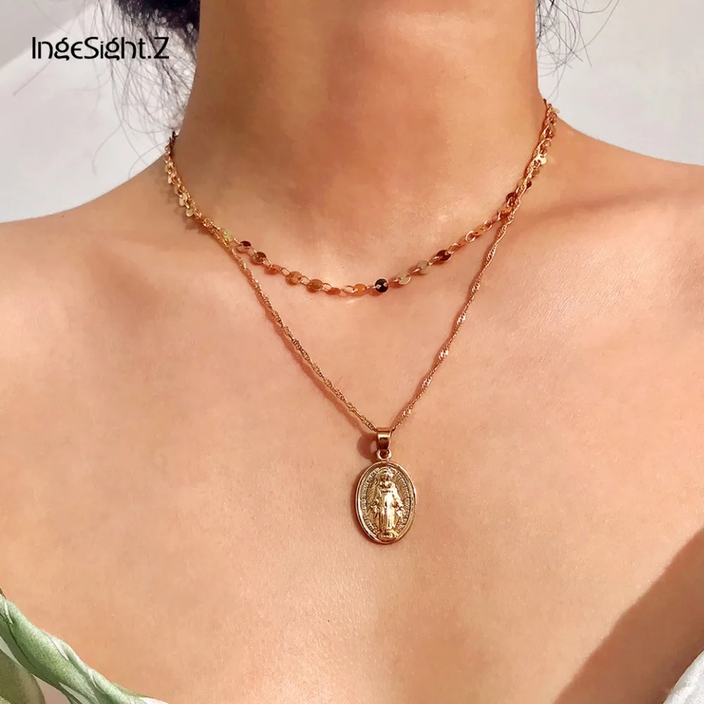 

IngeSight.Z Bohemia Gold Color Cross Layered Sequins Choker Necklace Jesus Virgin Mary Chain Pendant Necklace Women Jewelry Gift