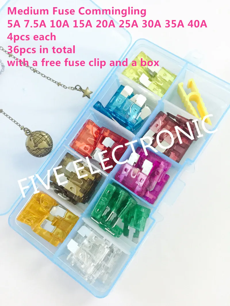 

Medium AUTO FUSE SET, 36pcs/box,5A-40A/32V,CAR FUSES, 36pcs Auto blade fuse with a free fuse clip and a free box