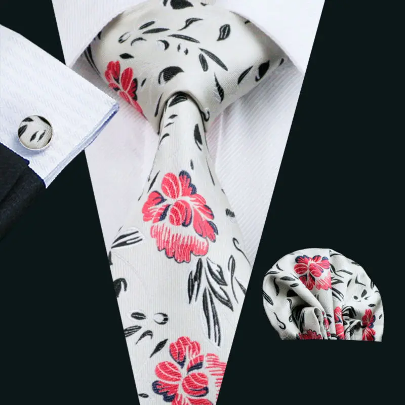 2016 Hot Wedding Tie Hanky Cufflinks Set Lvorie Floral Pattern Handmade