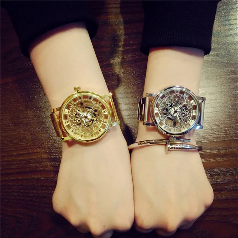 

Relogio Feminino 2017 New Luxury Fashion Hollow Casual Stainless Steel Men Skeleton Watch Women Quartz Dress Wristwatch clock
