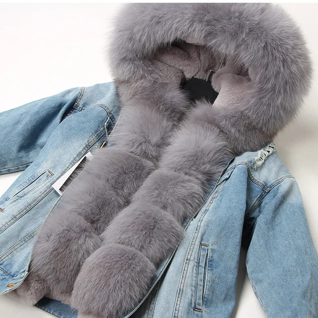Maomaokong natural rabbit fur lined denim jacket fox fur coat coat fashion denim fox fur warm lady winter jacket women parka