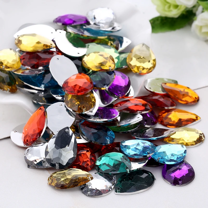 

Free shipping 20pcs/pack 10*14mm Acrylic crystal flat back sew on Tear drop Beads with holes, DIY Clothing accessories