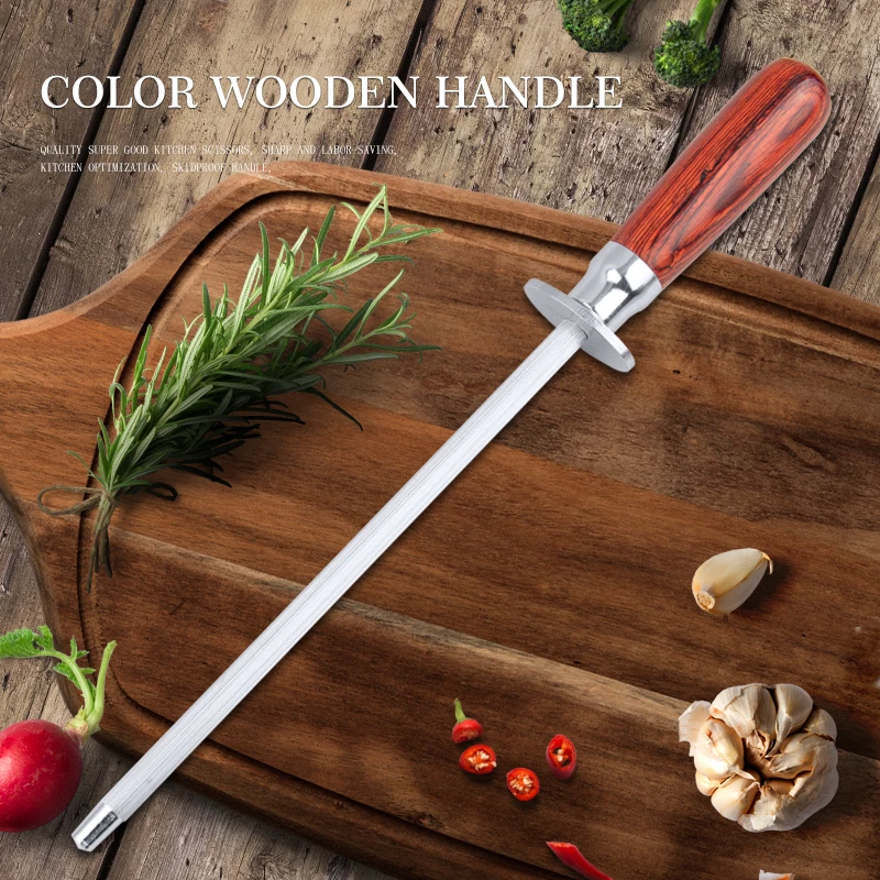 SML 12 inch professional chef knife sharpening rod with wooden handle
