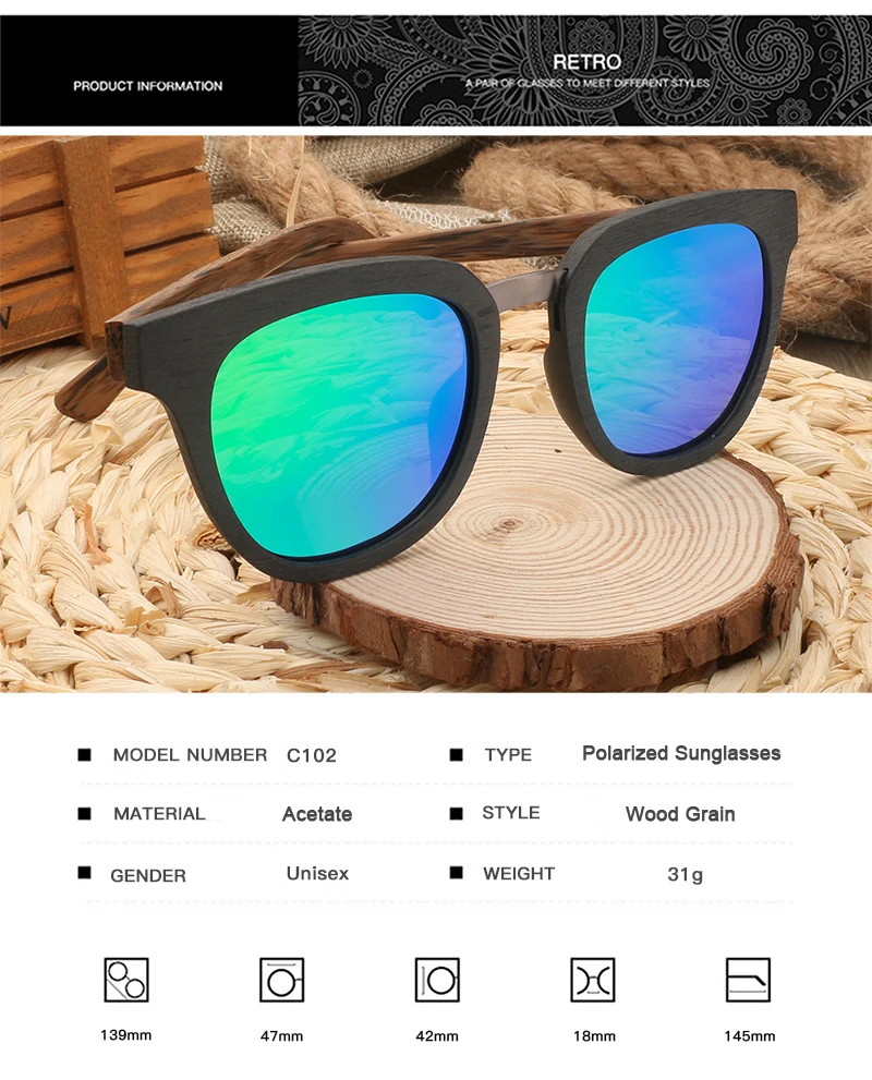 Ацетат древесины большие солнцезащитные очки, мужские, высококачественные поляризованные линзы UV400 очки Для женщин классические солнцезащитные очки