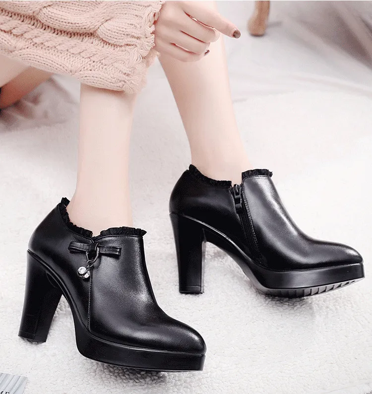 Qiannml/Большие размеры 32, 33-43, женская обувь с глубоким носком на каблуке, г. Теплые Меховые Туфли-лодочки на платформе женские офисные туфли на высоком каблуке