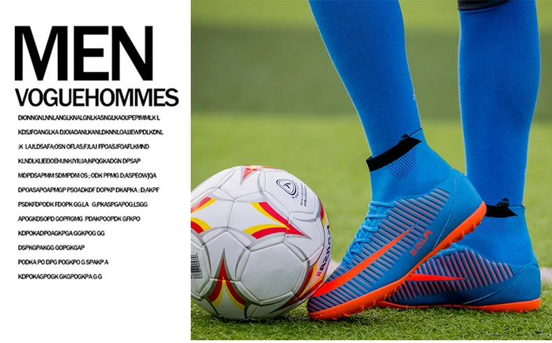 LEOCI Men\'s Blue Orange High Ankle Turf Sole Indoor Cleats Football Boots Shoes Kids Soccer Cleats EU size 31-46 voetbalschoenen