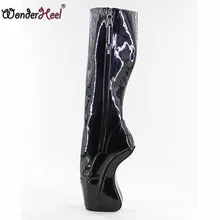 Wonderheel/Популярные закрывается молнией 18 см клинья пятки колено высокие балетные Сапоги и ботинки для девочек пикантные высокий каблук черные лакированные с замочком балетки